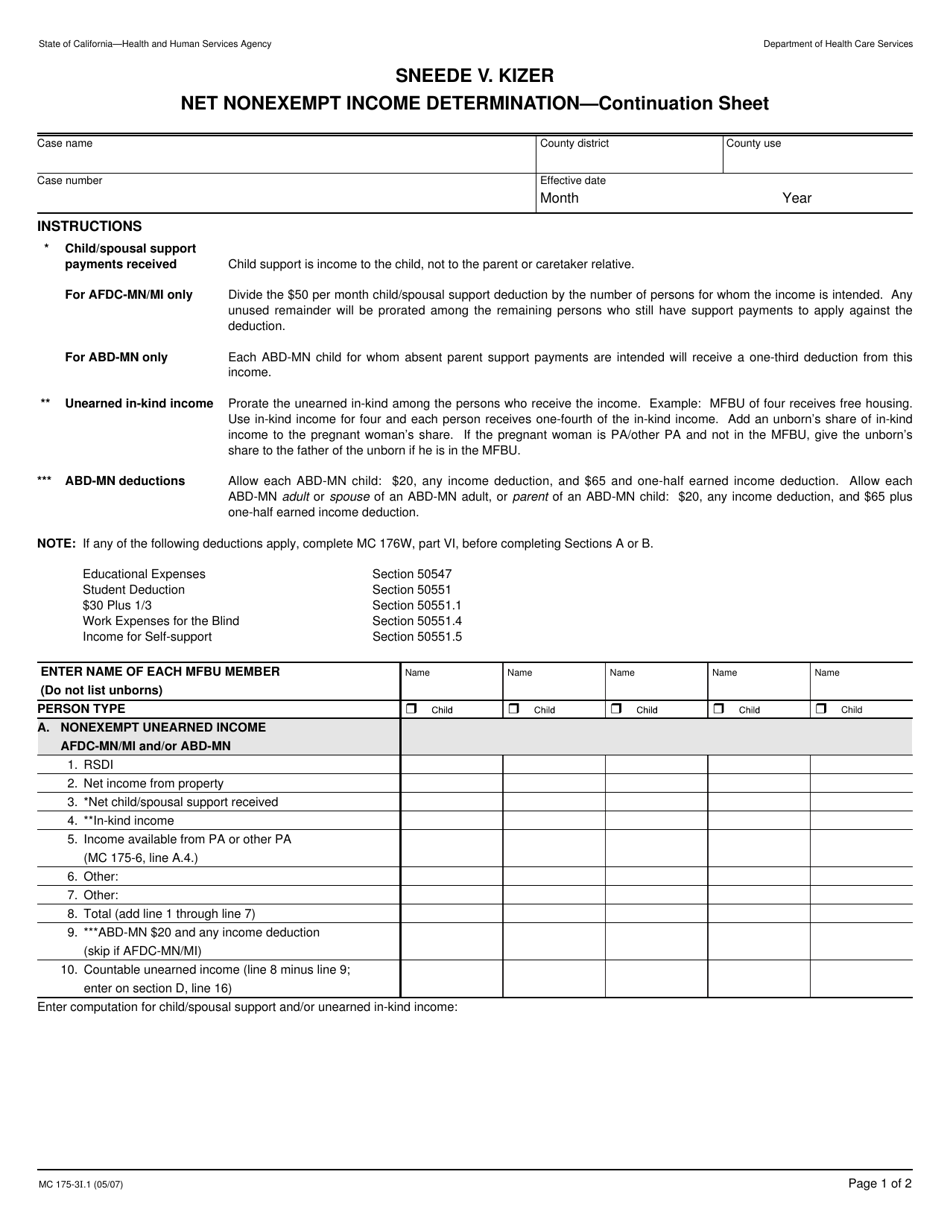 Form MC175-3I.1 Sneede V. Kizer Net Nonexempt Income Determination - Continuation Sheet - California, Page 1
