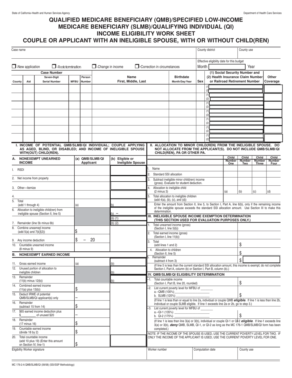 Form MC176-2A QMB / SLMB / QI Qualified Medicare Beneficiary (Qmb) / Specified Low-Income Medicare Beneficiary (Slmb) / Qualifying Individual (Qi) Income Eligibility Work Sheet, Couple or Applicant With an Ineligible Spouse, With or Without Child(Ren) - California, Page 1