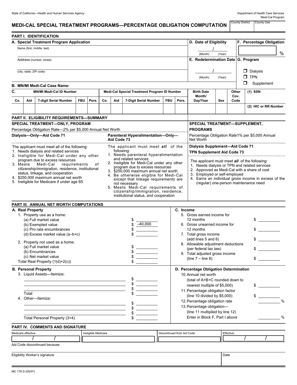 Form MC176 D Medi-Cal Special Treatment Programs - Percentage Obligation Computation - California, Page 1