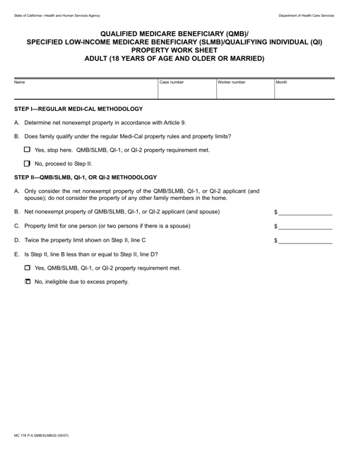 Form MC176 P-A QMB/SLMB/QI Qualified Medicare Beneficiary (Qmb)/Specified Low-Income Medicare Beneficiary (Slmb)/Qualifying Individual (Qi) Property Work Sheet - Adult (18 Years of Age and Older or Married) - California