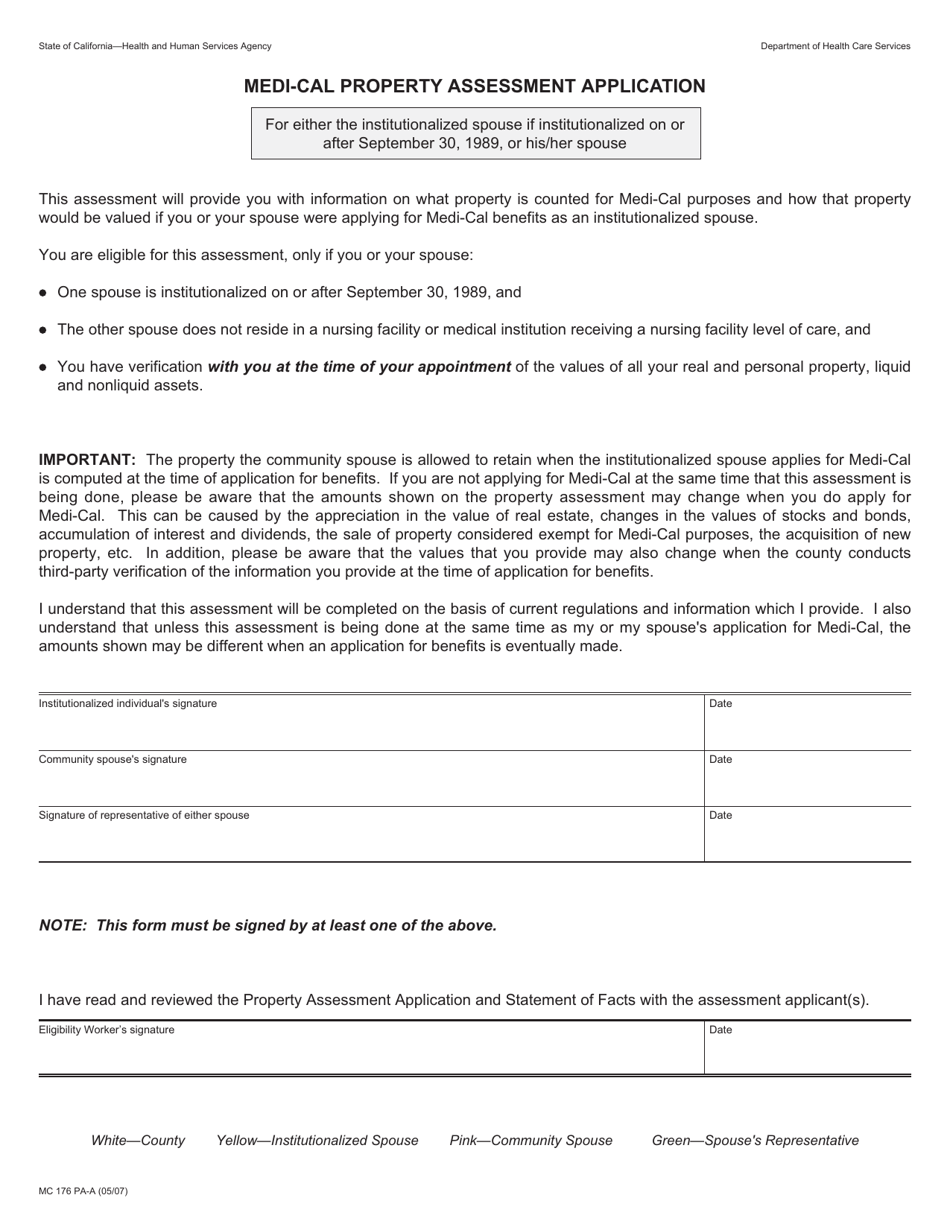 Form MC176 PA-A Medi-Cal Property Assessment Application - California, Page 1