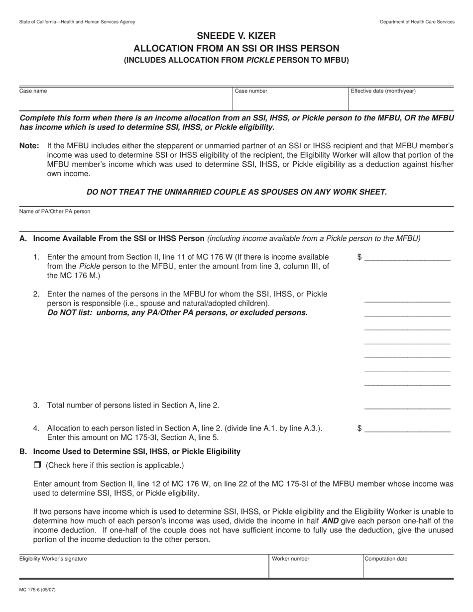Form MC175-6 Sneede V. Kizer Allocation From an Ssi or Ihss Person - California, Page 1