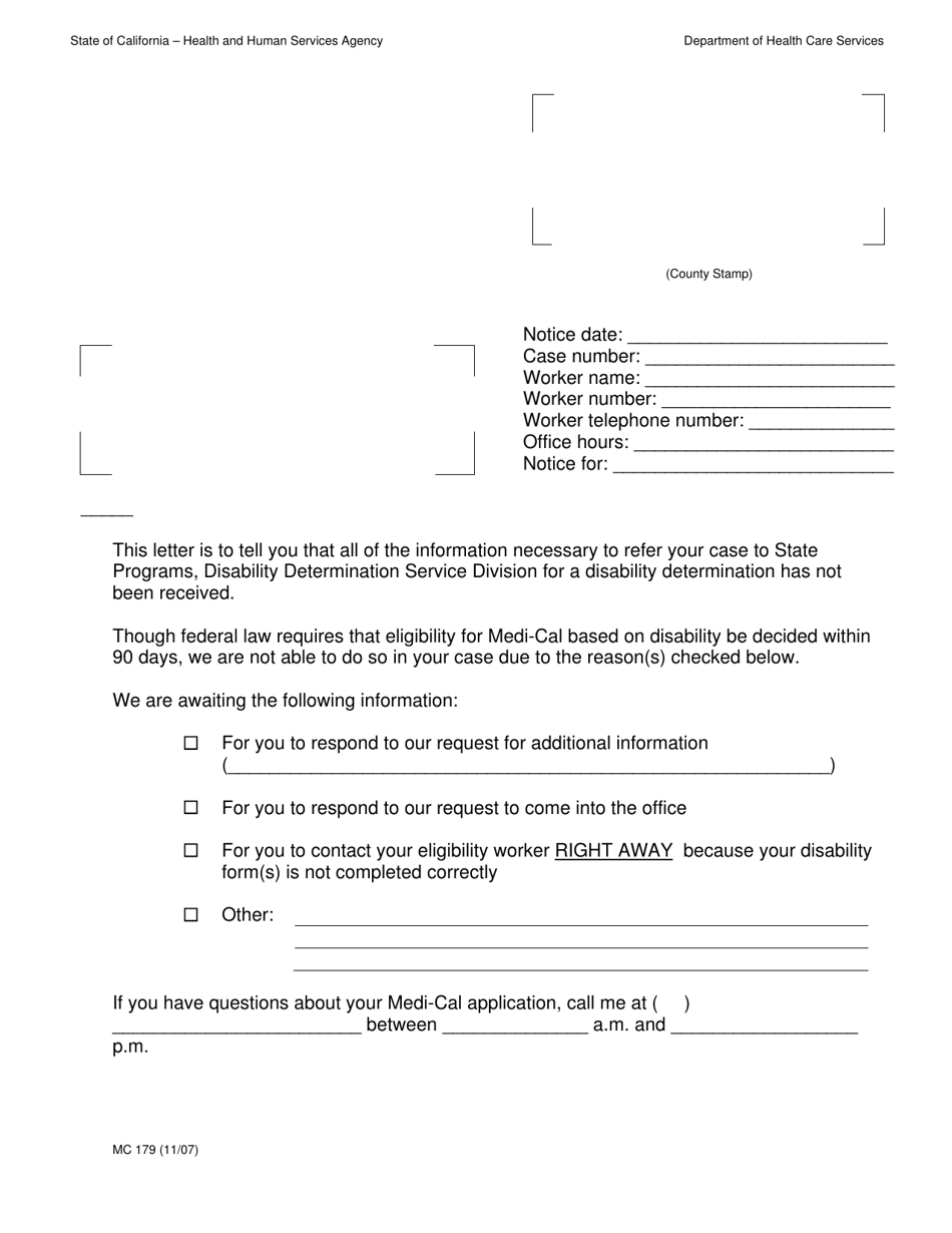 Form MC179 Disability Determination Service Division - California, Page 1