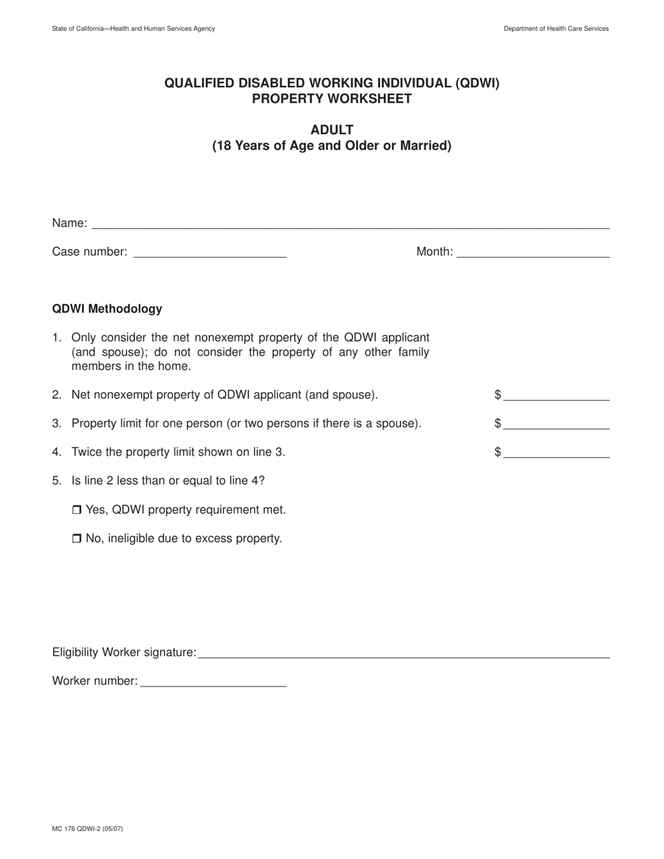 Form MC176 QDWI-2 Qualified Disabled Working Individual (Qdwi) Property Worksheet - California, Page 1