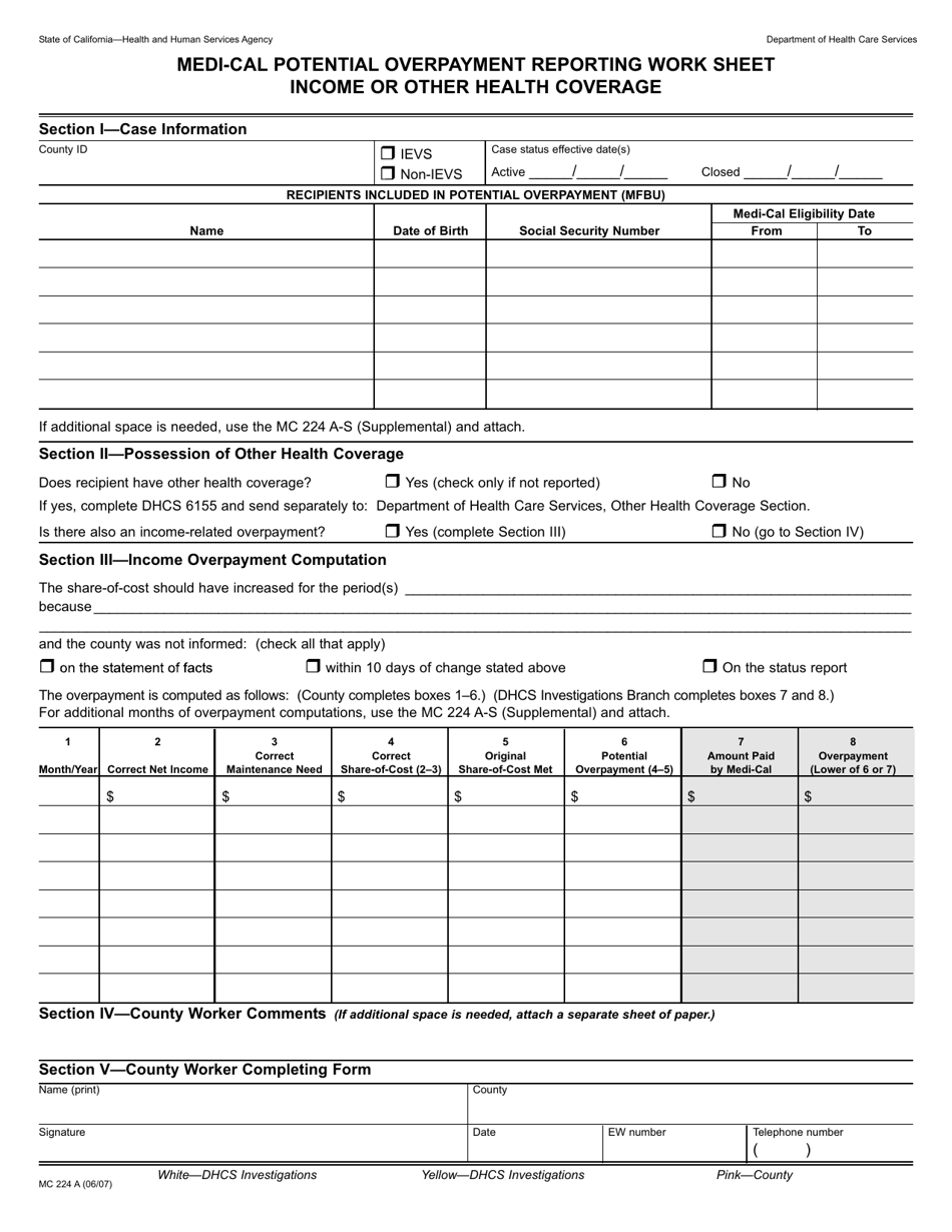Form MC224 A Medi-Cal Potential Overpayment Reporting Work Sheet Income or Other Health Coverage - California, Page 1