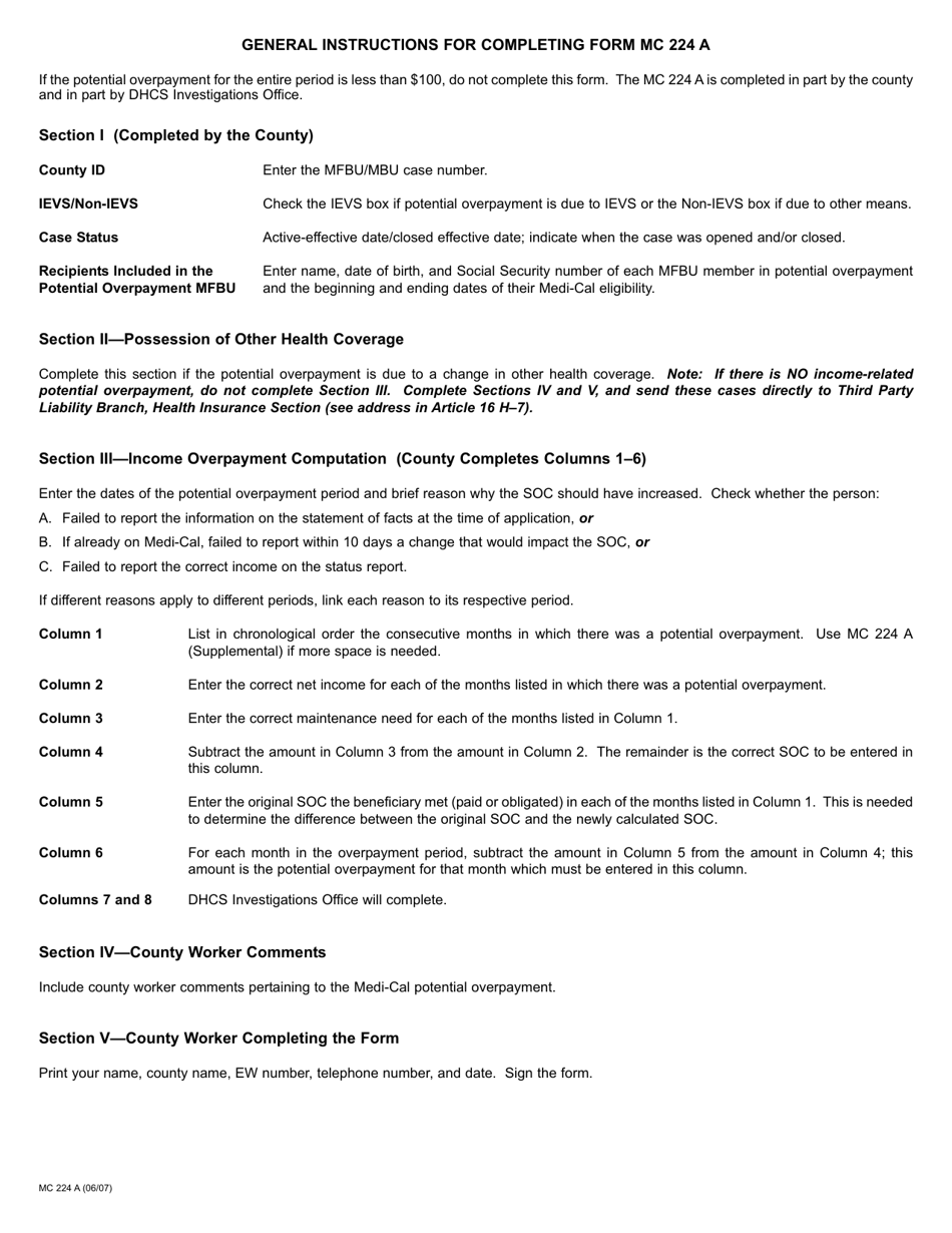 Form MC224 A Medi-Cal Potential Overpayment Reporting Work Sheet Income or Other Health Coverage - California, Page 2