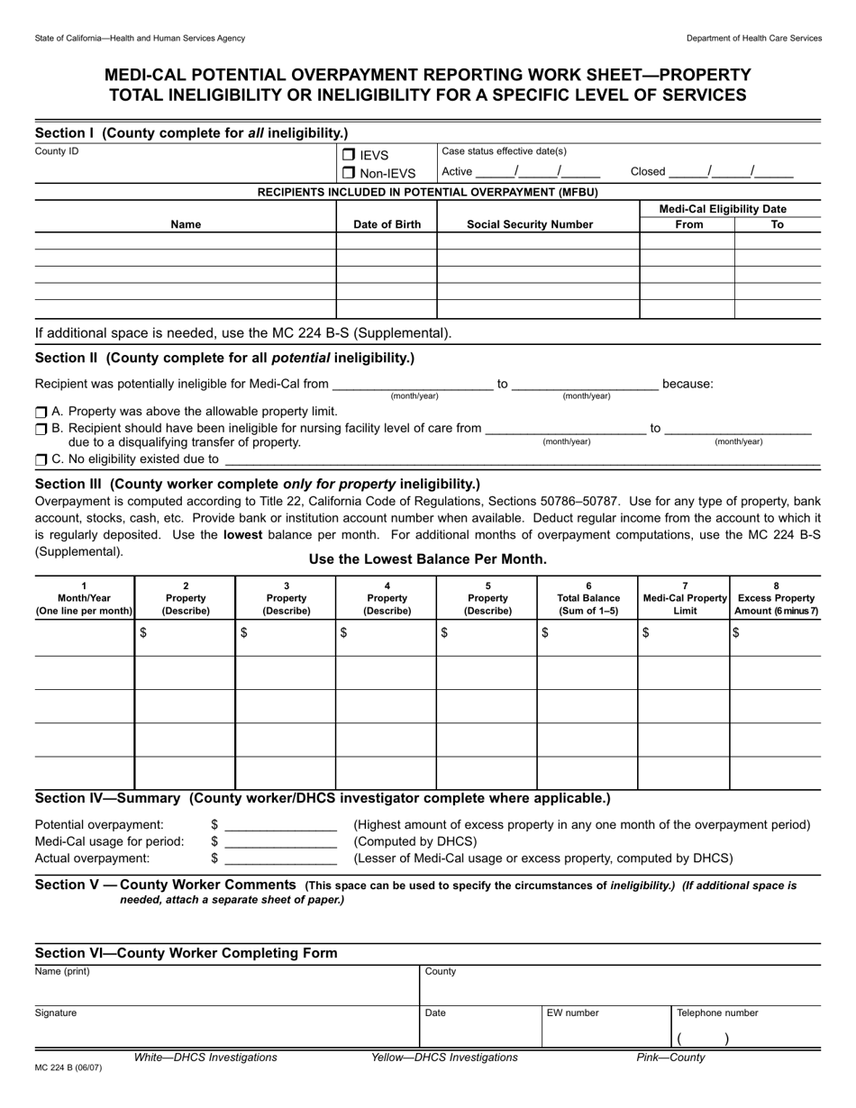 Form MC224 B Medi-Cal Potential Overpayment Reporting Work Sheet - Property Total Ineligibility or Ineligibility for a Specific Level of Services - California, Page 1