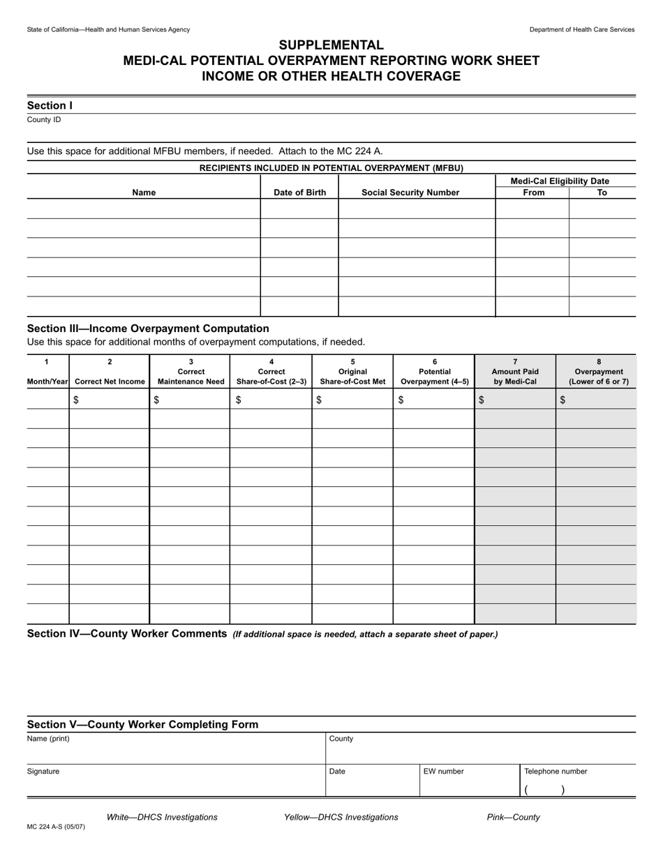Form MC224 A-S Supplemental Medi-Cal Potential Overpayment Reporting Work Sheet Income or Other Health Coverage - California, Page 1