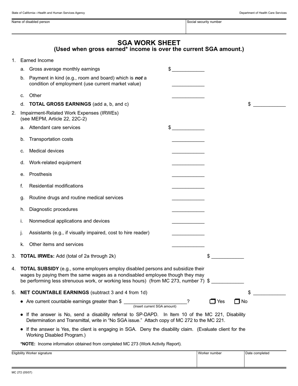 Form MC272 Sga Work Sheet - California, Page 1