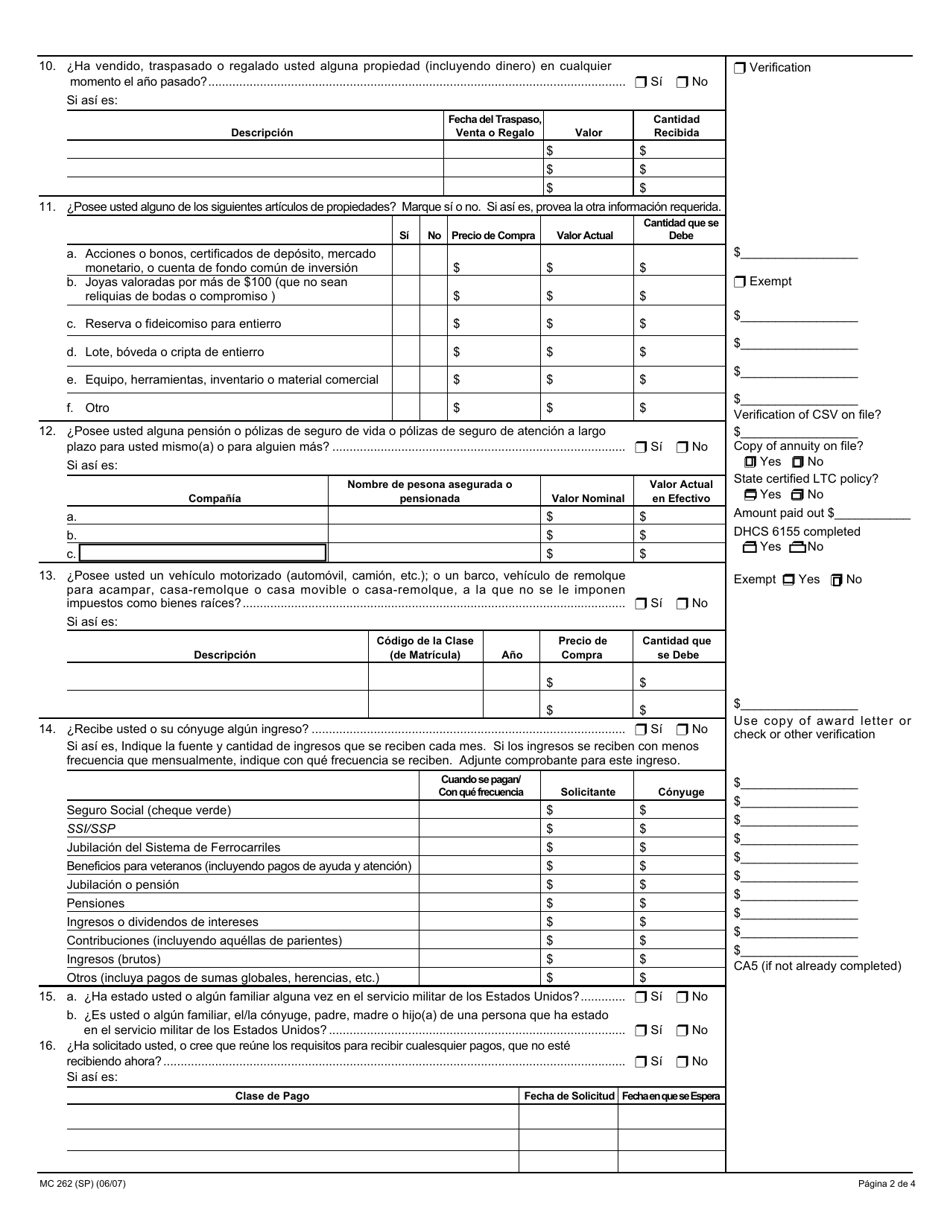 Formulario MC262 Nueva Determinacion Para Los Beneficiarios De Medi-Cal (Atencion a Largo Plazo En Propia Mfbu) - California (Spanish), Page 2