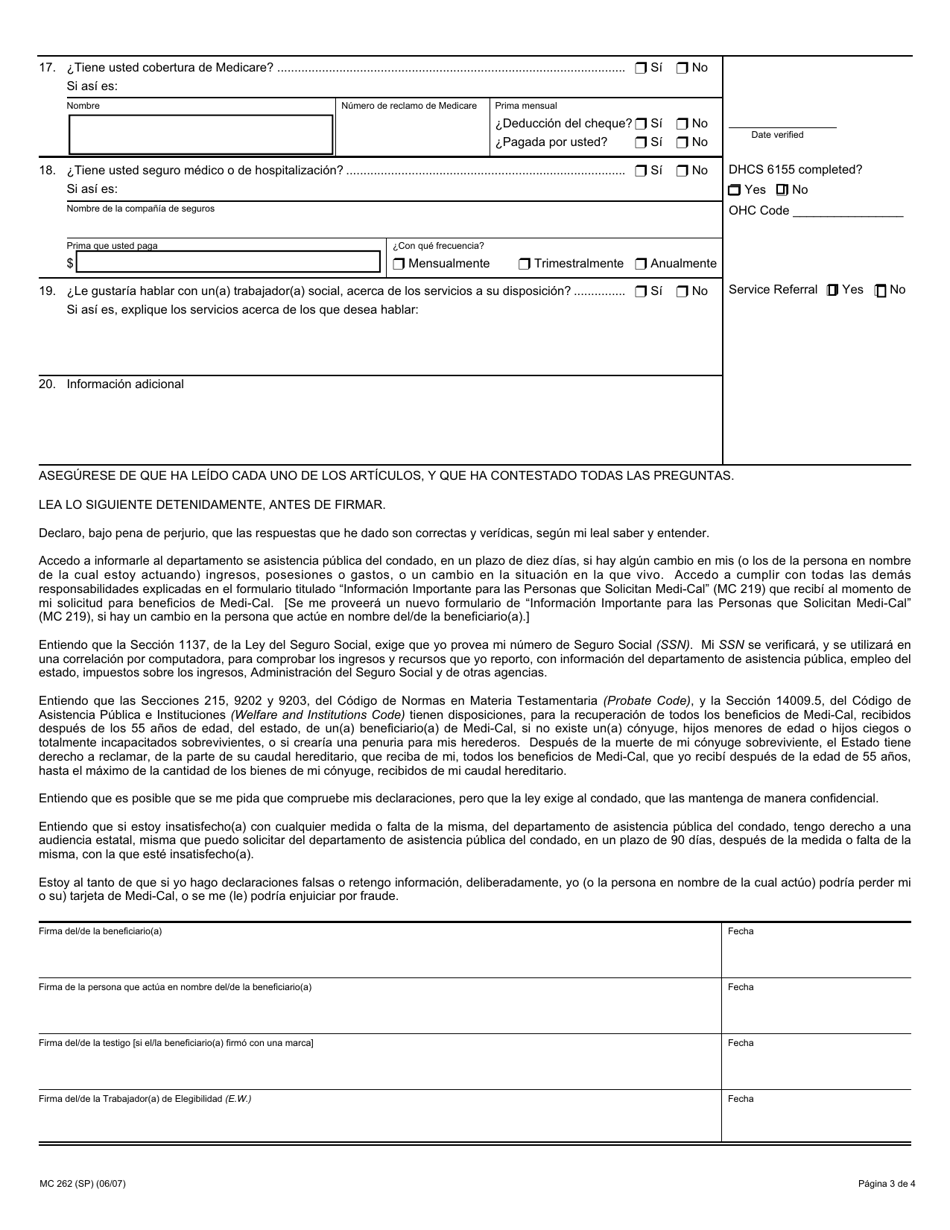 Formulario MC262 Nueva Determinacion Para Los Beneficiarios De Medi-Cal (Atencion a Largo Plazo En Propia Mfbu) - California (Spanish), Page 3