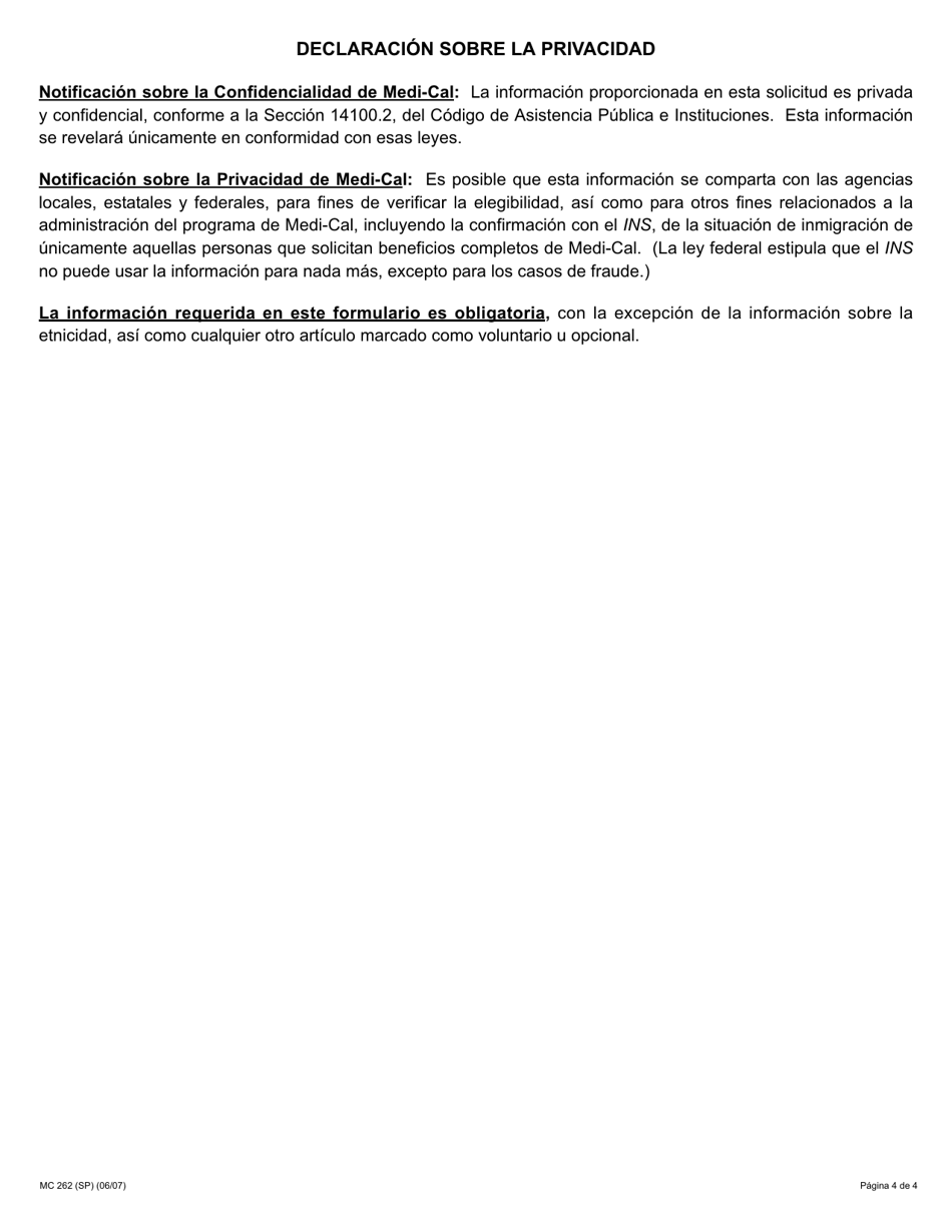 Formulario MC262 Nueva Determinacion Para Los Beneficiarios De Medi-Cal (Atencion a Largo Plazo En Propia Mfbu) - California (Spanish), Page 4