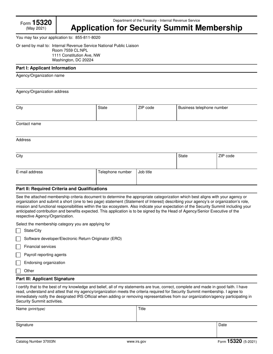 IRS Form 15320 Application for Security Summit Membership, Page 1
