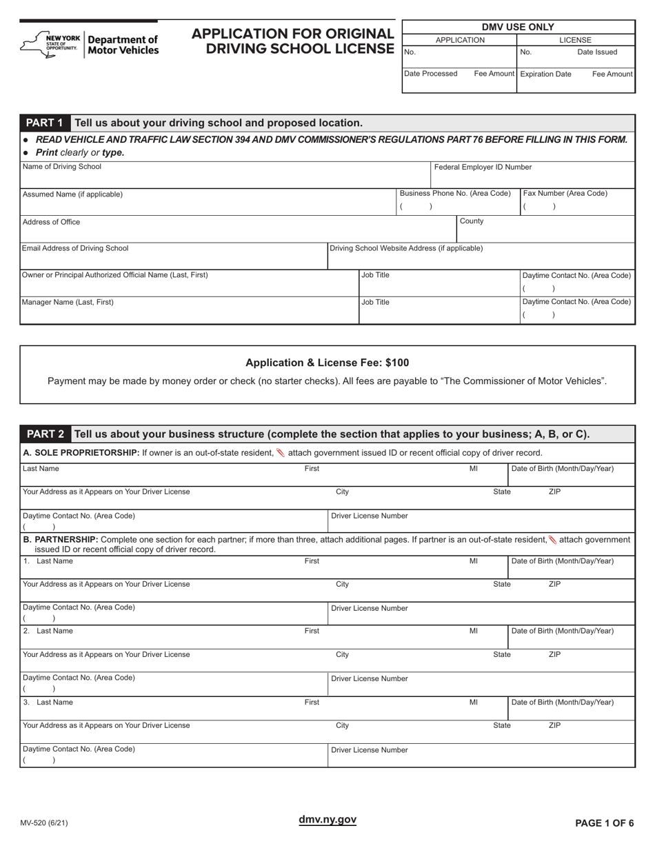 Form MV-520 Download Fillable PDF or Fill Online Application for ...