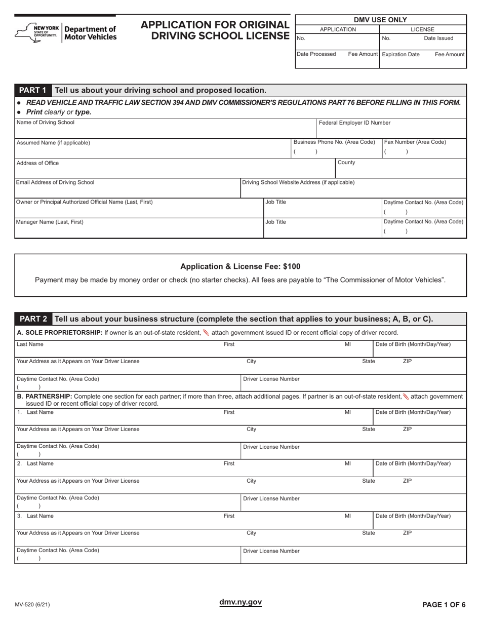 Form MV-520 Application for Original Driving School License - New York, Page 1