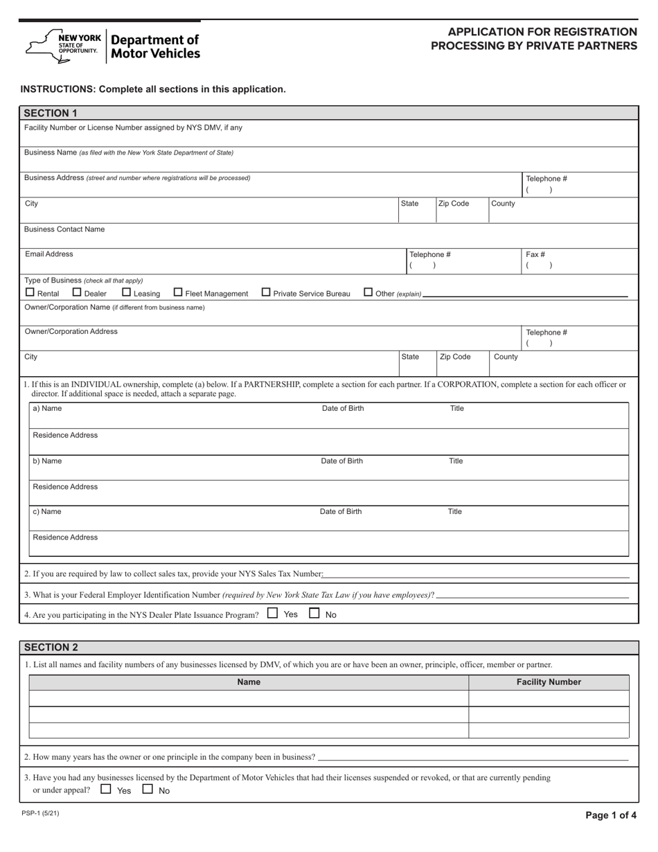 Form PSP-1 Application for Registration Processing by Private Partners - New York, Page 1