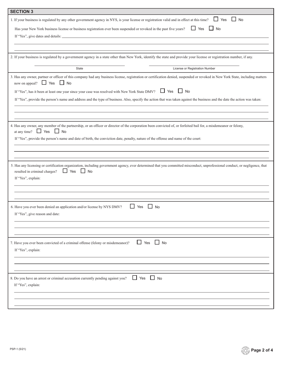 Form PSP-1 Application for Registration Processing by Private Partners - New York, Page 2