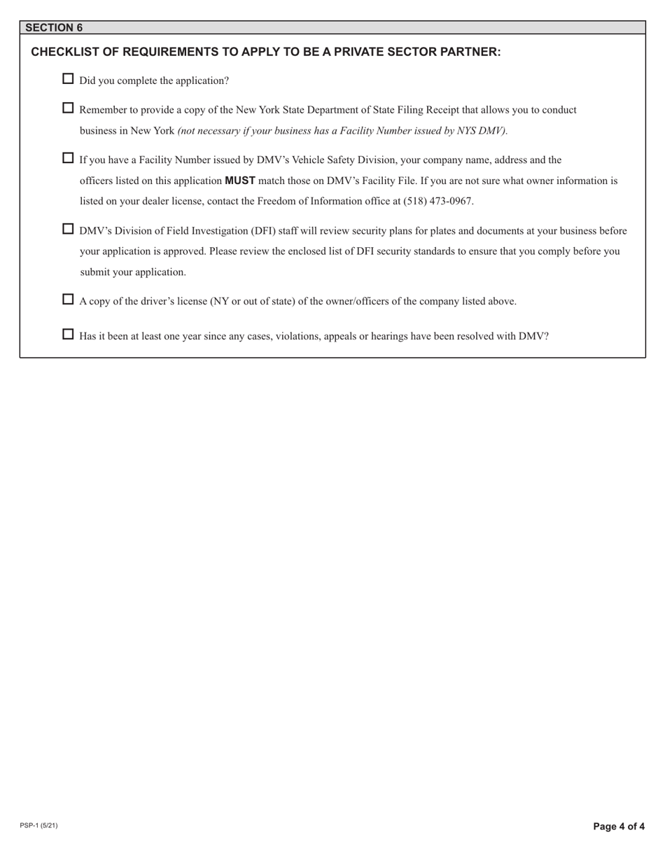 Form PSP-1 Application for Registration Processing by Private Partners - New York, Page 4
