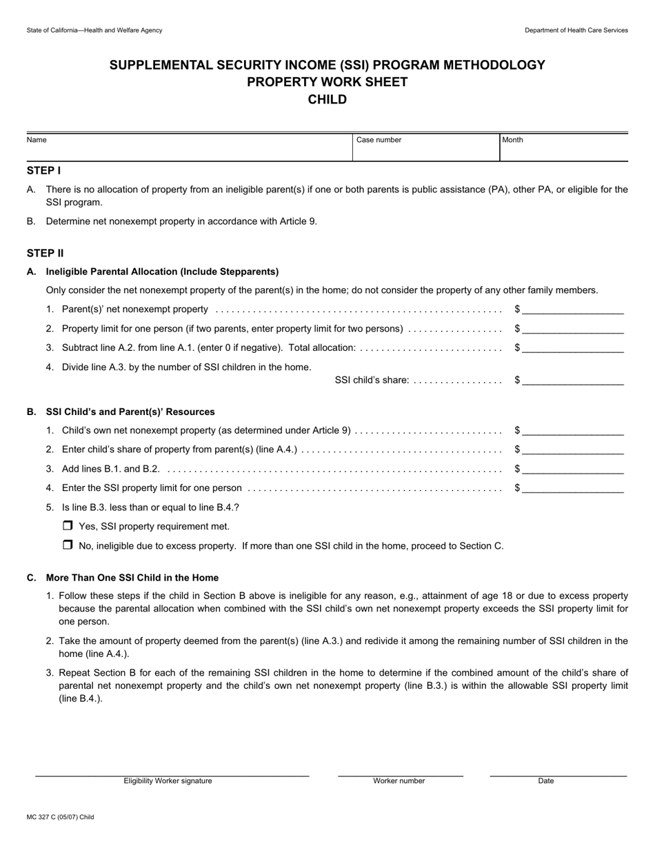Form MC327 C Supplemental Security Income (Ssi) Program Methodology Property Work Sheet - Child - California, Page 1