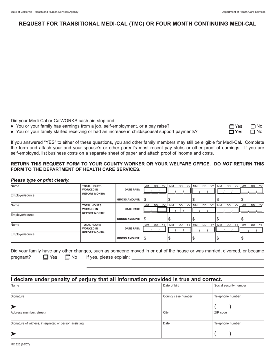 Form MC325 Request for Transitional Medi-Cal (Tmc) or Four Month Continuing Medi-Cal - California, Page 1