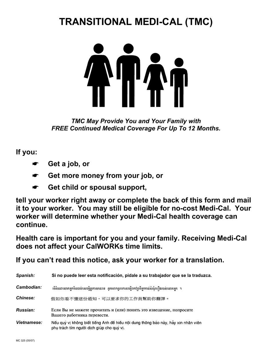 Form MC325 Request for Transitional Medi-Cal (Tmc) or Four Month Continuing Medi-Cal - California, Page 2