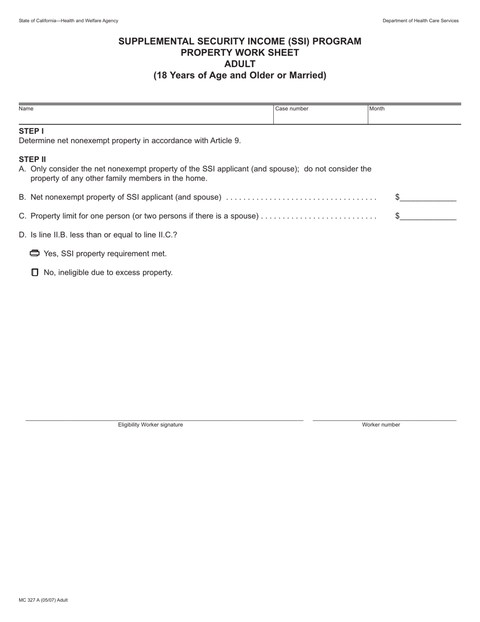 Form MC327 A Supplemental Security Income (Ssi) Program Property Worksheet - Adult - California, Page 1