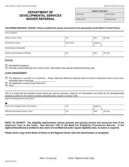 Form DHCS7096 Department of Developmental Services Waiver Referral - California