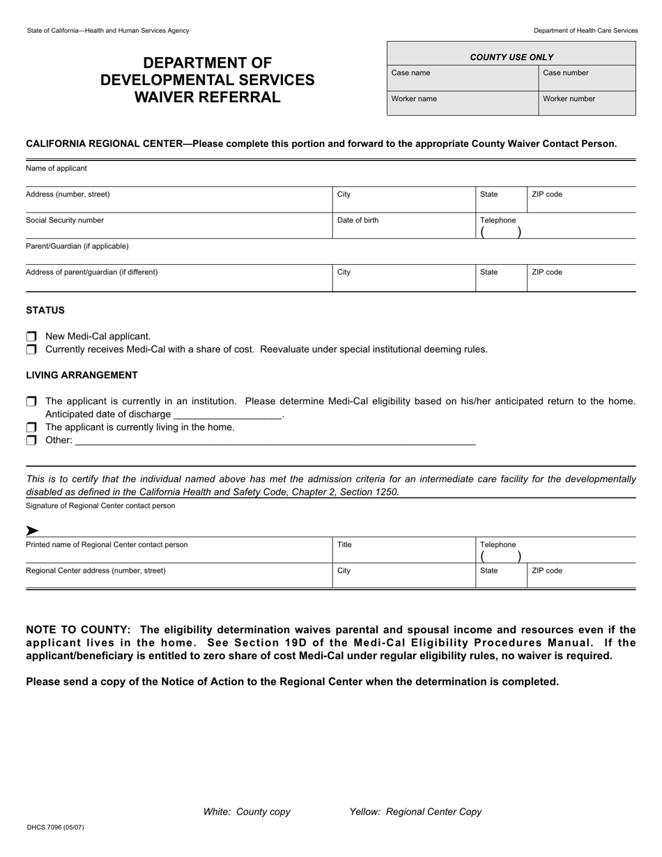 Form DHCS7096 Department of Developmental Services Waiver Referral - California, Page 1