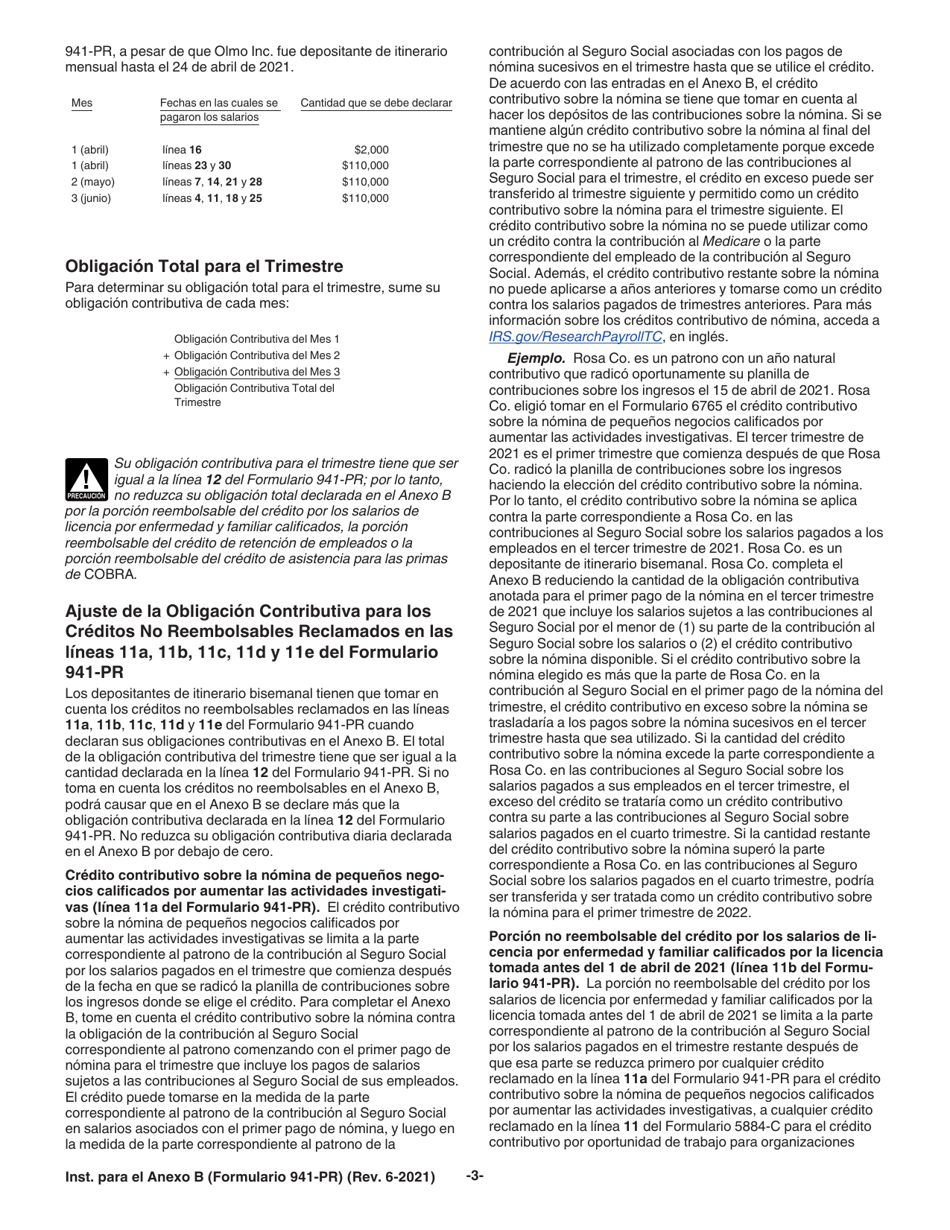 Instrucciones para IRS Formulario 941-PR Anexo B Registro De La Obligacion Contributiva Para Los Depositantes De Itinerario Bisemanal (Puerto Rican Spanish), Page 3