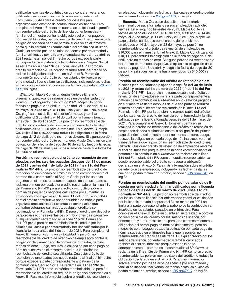 Instrucciones para IRS Formulario 941-PR Anexo B Registro De La Obligacion Contributiva Para Los Depositantes De Itinerario Bisemanal (Puerto Rican Spanish), Page 4