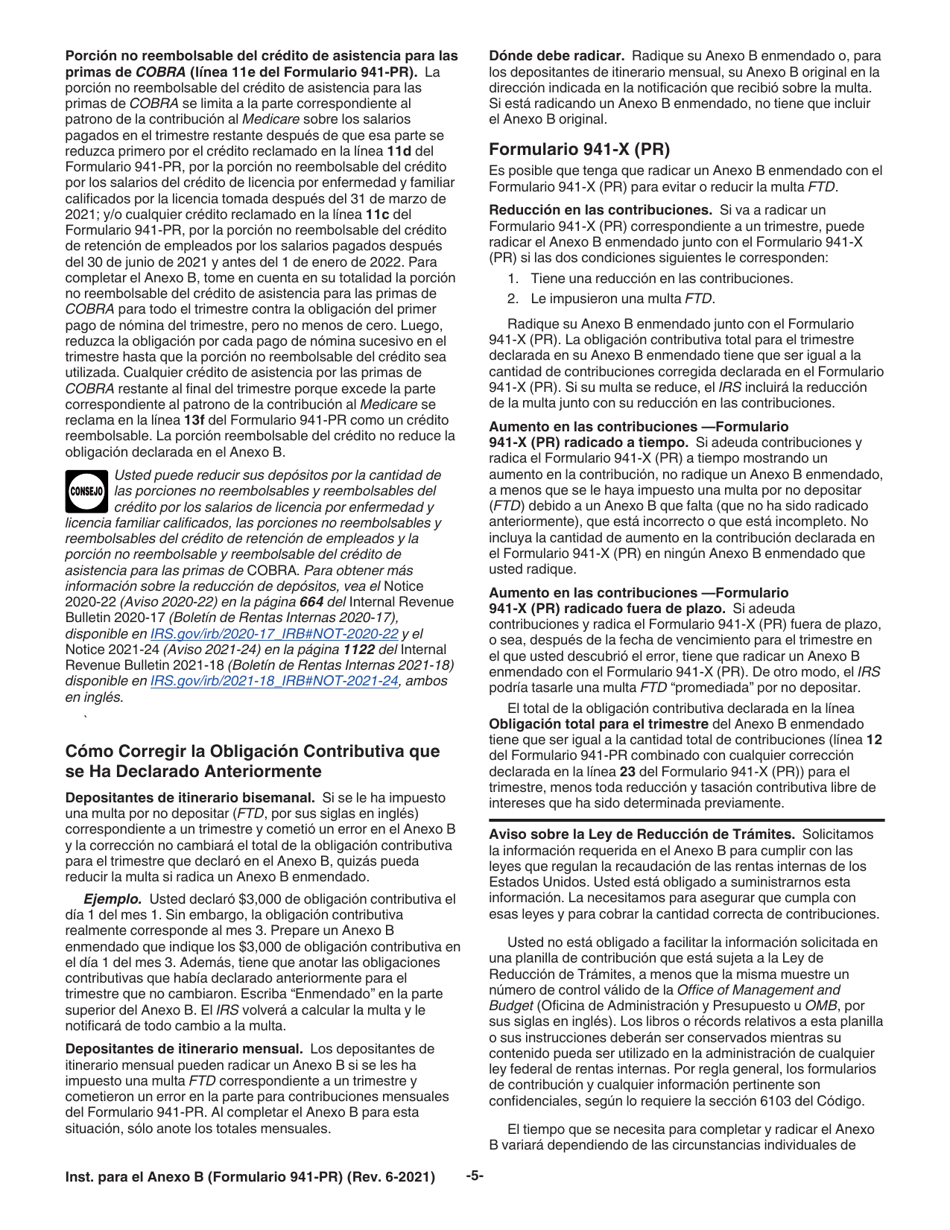 Instrucciones para IRS Formulario 941-PR Anexo B Registro De La Obligacion Contributiva Para Los Depositantes De Itinerario Bisemanal (Puerto Rican Spanish), Page 5