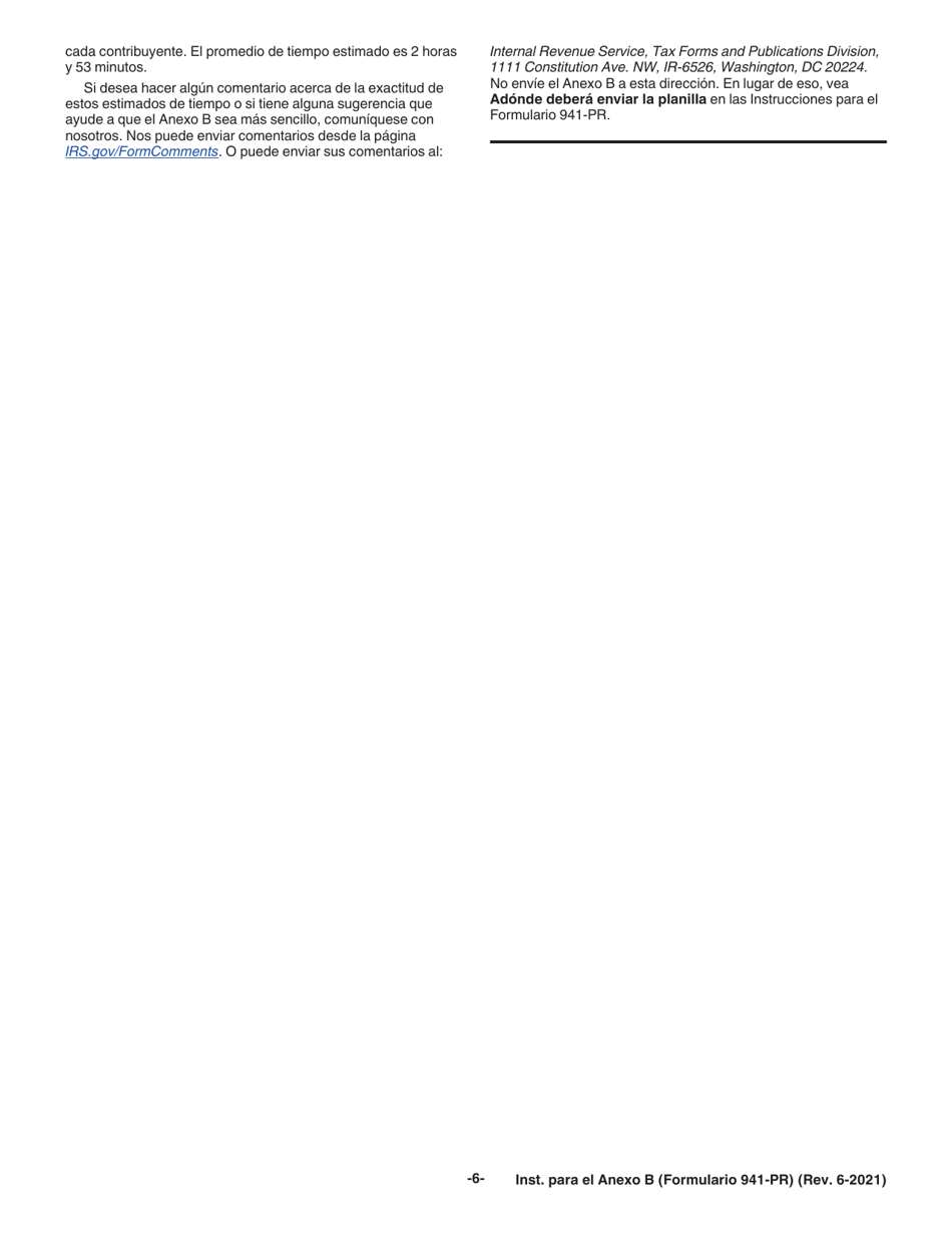 Instrucciones para IRS Formulario 941-PR Anexo B Registro De La Obligacion Contributiva Para Los Depositantes De Itinerario Bisemanal (Puerto Rican Spanish), Page 6