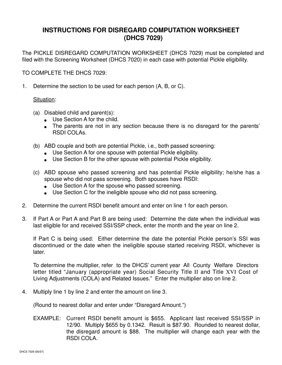 Form DHCS7029 Disregard Computation Worksheet (Pickle Eligible Individual or Couple and / or Ineligible Spouse With Rsdi Income) - California, Page 2