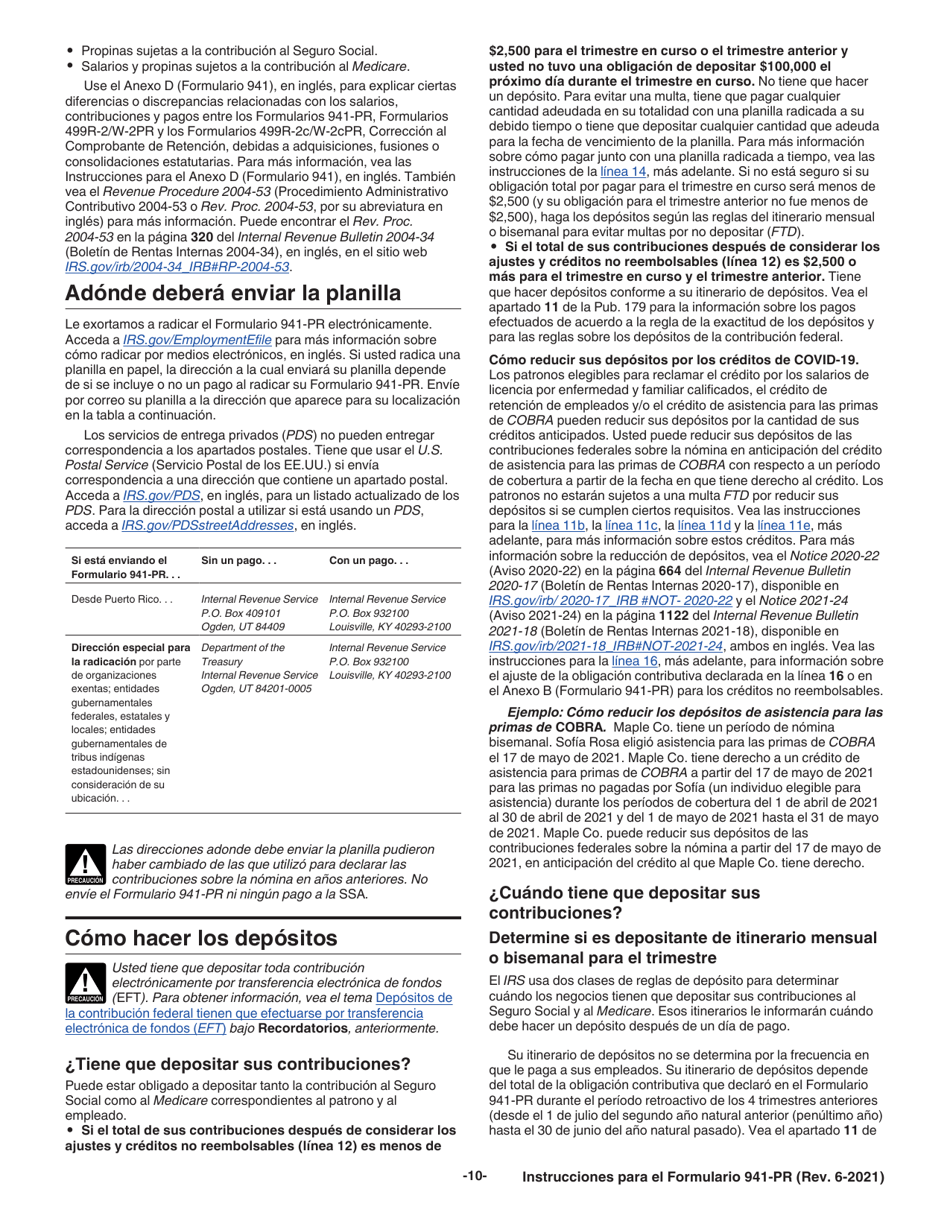 Instrucciones para IRS Formulario 941-PR Planilla Para La Declaracion Federal Trimestral Del Patrono (Puerto Rican Spanish), Page 10