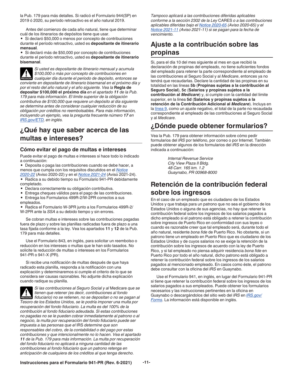 Instrucciones para IRS Formulario 941-PR Planilla Para La Declaracion Federal Trimestral Del Patrono (Puerto Rican Spanish), Page 11