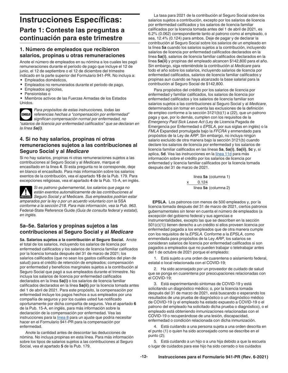 Instrucciones para IRS Formulario 941-PR Planilla Para La Declaracion Federal Trimestral Del Patrono (Puerto Rican Spanish), Page 12