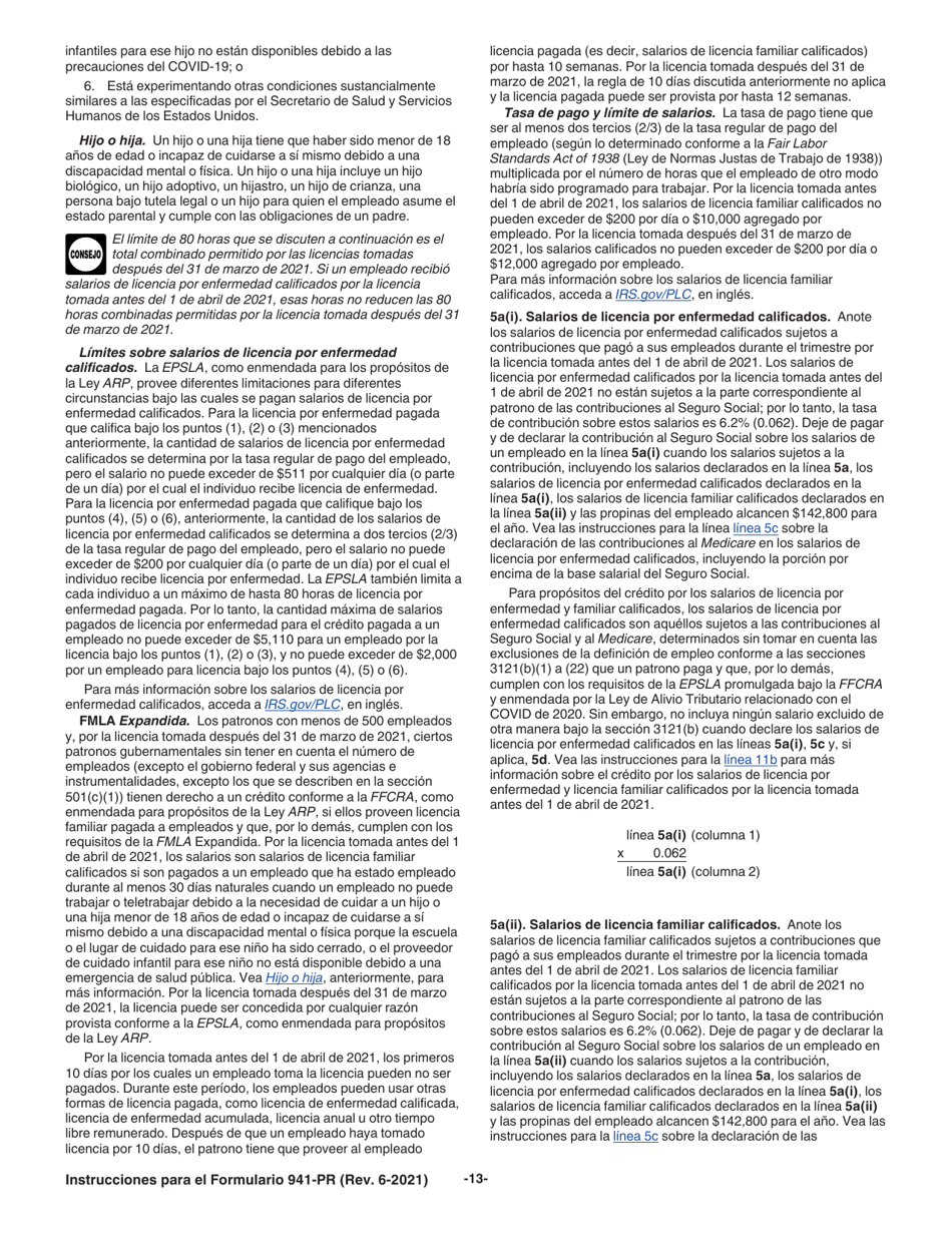 Instrucciones para IRS Formulario 941-PR Planilla Para La Declaracion Federal Trimestral Del Patrono (Puerto Rican Spanish), Page 13
