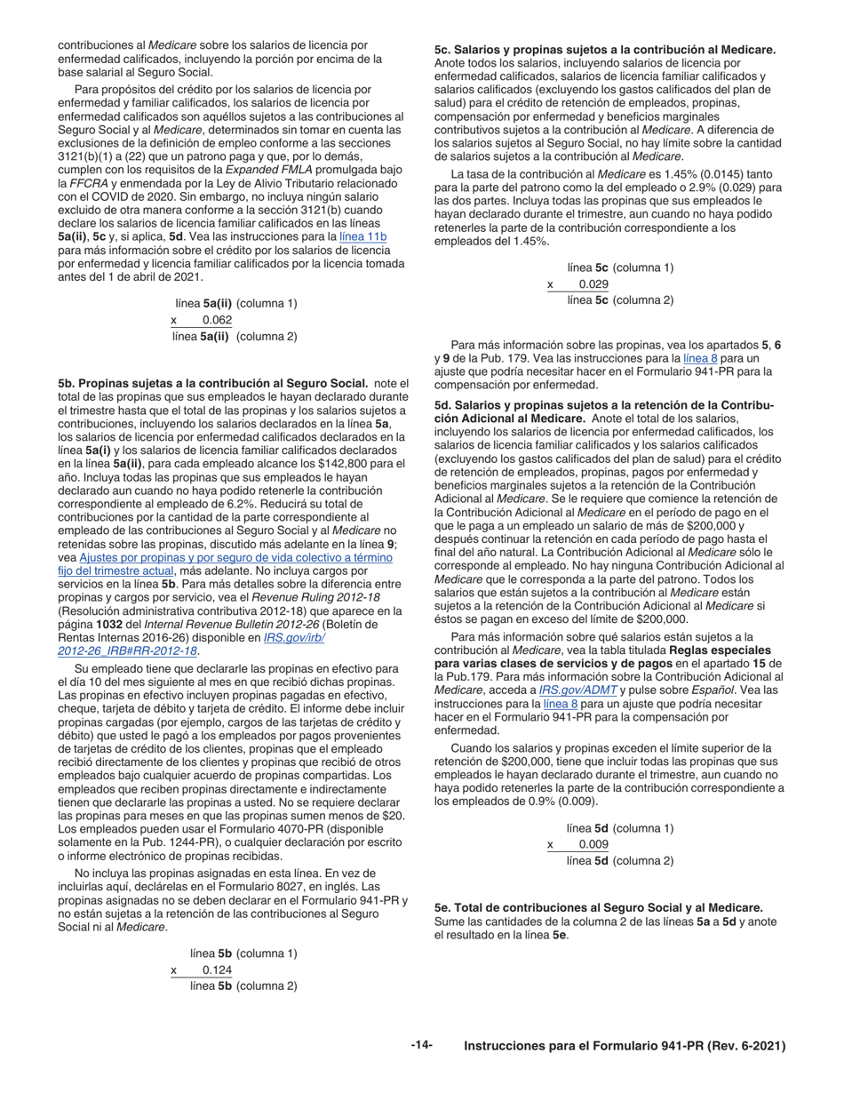 Instrucciones para IRS Formulario 941-PR Planilla Para La Declaracion Federal Trimestral Del Patrono (Puerto Rican Spanish), Page 14