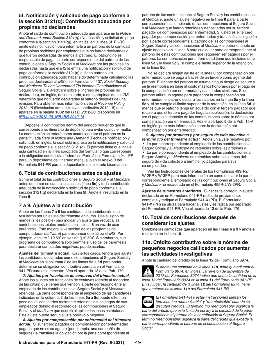 Instrucciones para IRS Formulario 941-PR Planilla Para La Declaracion Federal Trimestral Del Patrono (Puerto Rican Spanish), Page 15