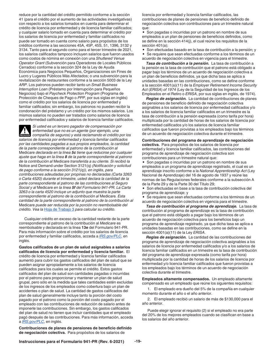 Instrucciones para IRS Formulario 941-PR Planilla Para La Declaracion Federal Trimestral Del Patrono (Puerto Rican Spanish), Page 19