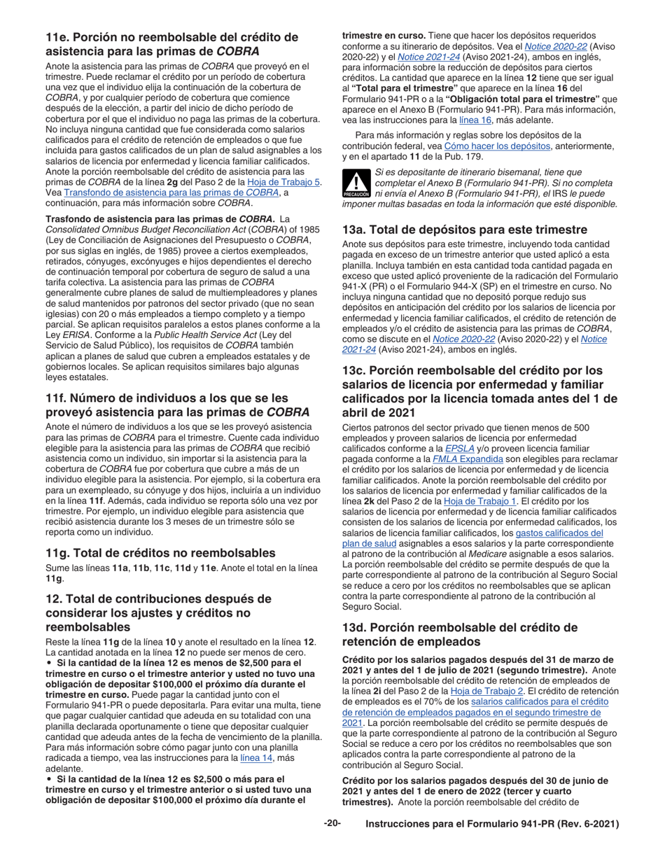 Instrucciones para IRS Formulario 941-PR Planilla Para La Declaracion Federal Trimestral Del Patrono (Puerto Rican Spanish), Page 20