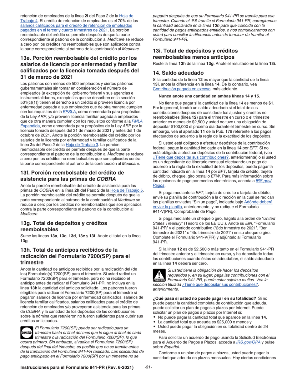 Instrucciones para IRS Formulario 941-PR Planilla Para La Declaracion Federal Trimestral Del Patrono (Puerto Rican Spanish), Page 21