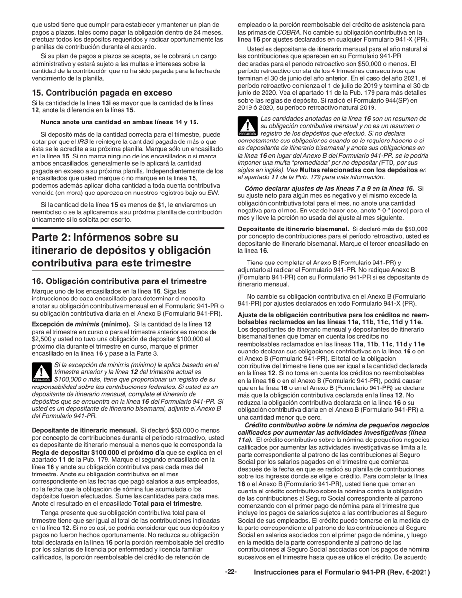 Instrucciones para IRS Formulario 941-PR Planilla Para La Declaracion Federal Trimestral Del Patrono (Puerto Rican Spanish), Page 22