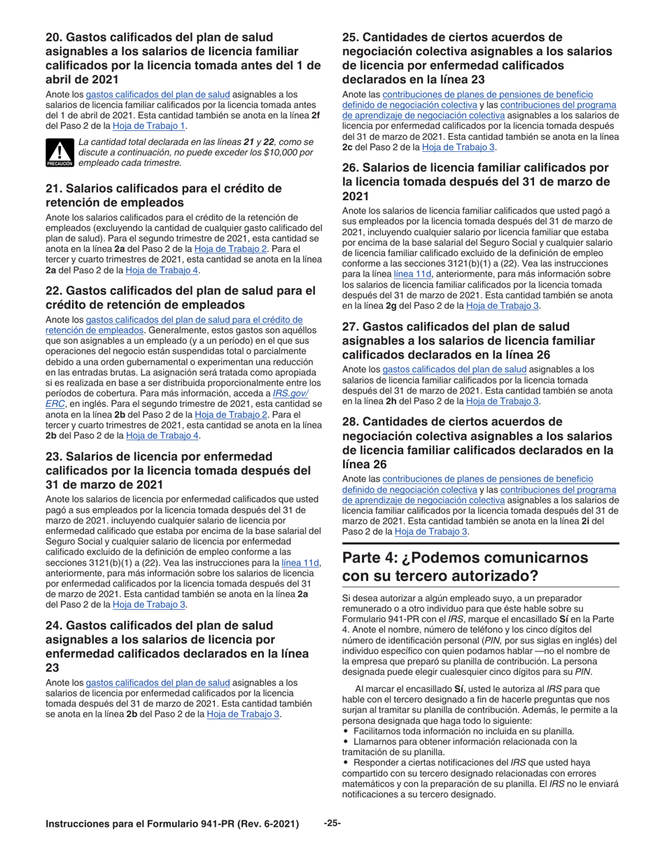 Instrucciones para IRS Formulario 941-PR Planilla Para La Declaracion Federal Trimestral Del Patrono (Puerto Rican Spanish), Page 25