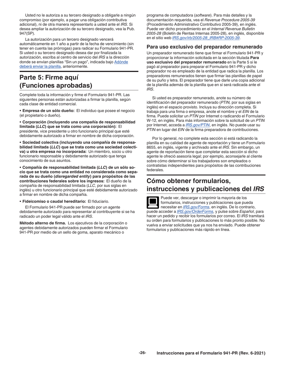 Instrucciones para IRS Formulario 941-PR Planilla Para La Declaracion Federal Trimestral Del Patrono (Puerto Rican Spanish), Page 26