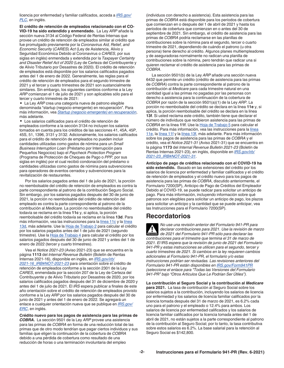 Instrucciones para IRS Formulario 941-PR Planilla Para La Declaracion Federal Trimestral Del Patrono (Puerto Rican Spanish), Page 2