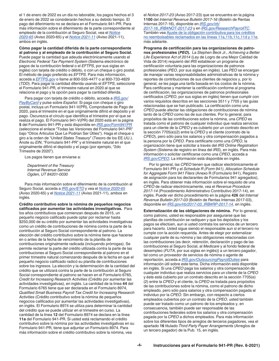 Instrucciones para IRS Formulario 941-PR Planilla Para La Declaracion Federal Trimestral Del Patrono (Puerto Rican Spanish), Page 4