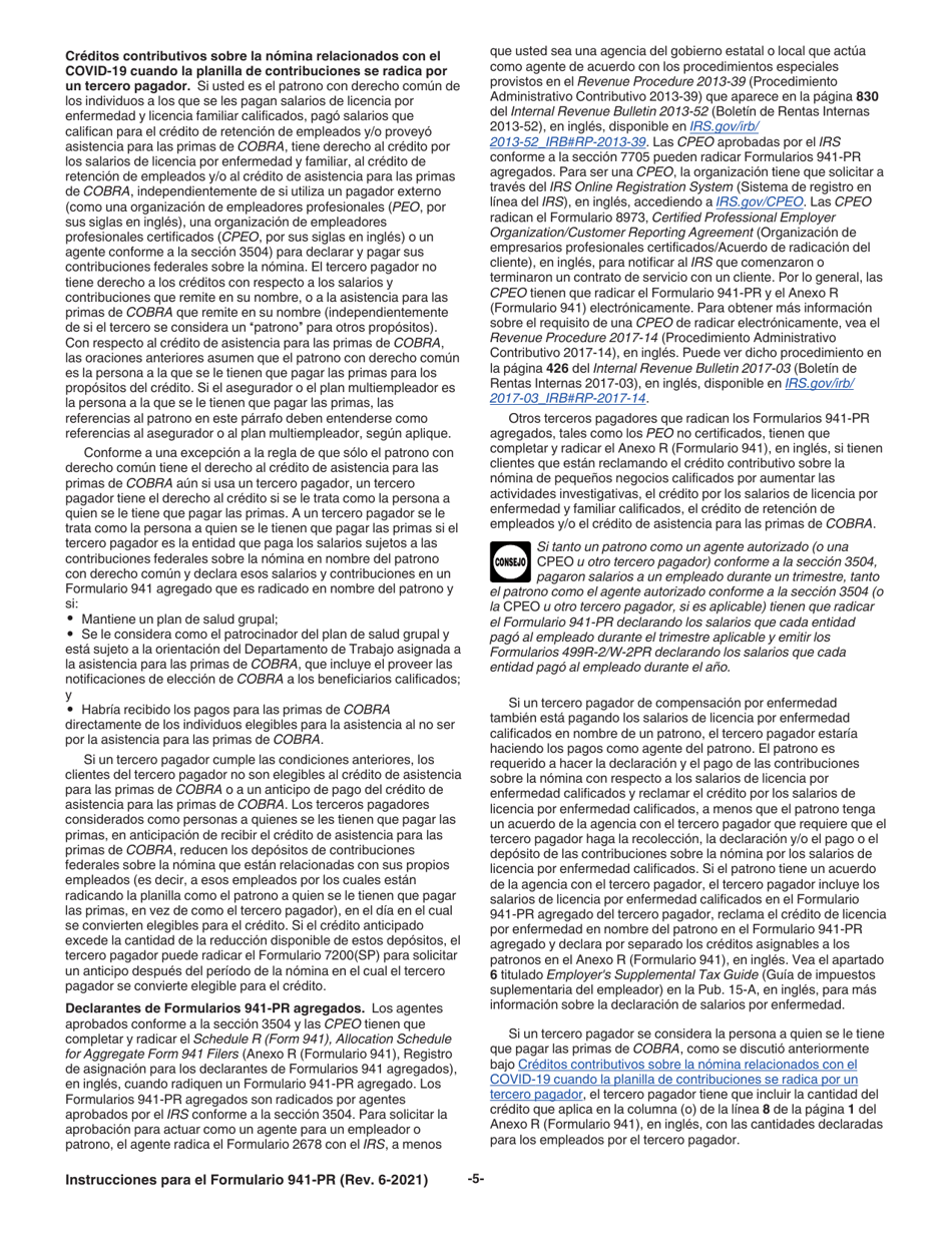 Instrucciones para IRS Formulario 941-PR Planilla Para La Declaracion Federal Trimestral Del Patrono (Puerto Rican Spanish), Page 5