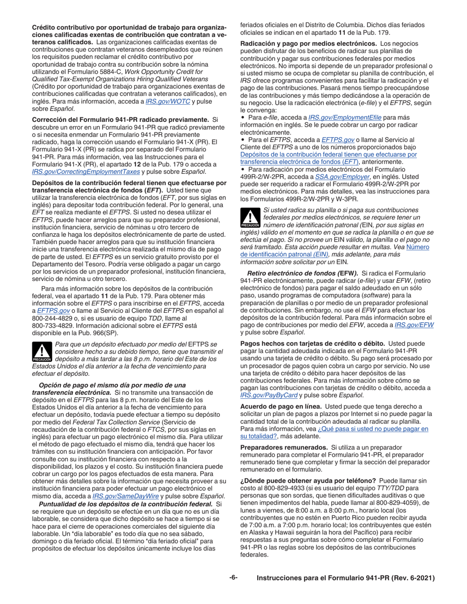 Instrucciones para IRS Formulario 941-PR Planilla Para La Declaracion Federal Trimestral Del Patrono (Puerto Rican Spanish), Page 6