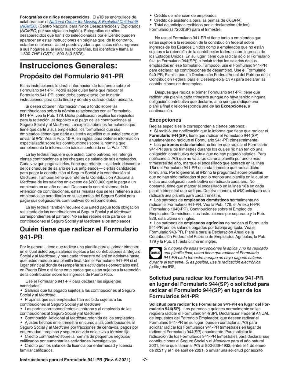 Instrucciones para IRS Formulario 941-PR Planilla Para La Declaracion Federal Trimestral Del Patrono (Puerto Rican Spanish), Page 7